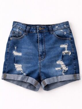 SHEIN High Waisted Ripped Denim Shorts Size 6 Stretch Cuffed Blue y2k